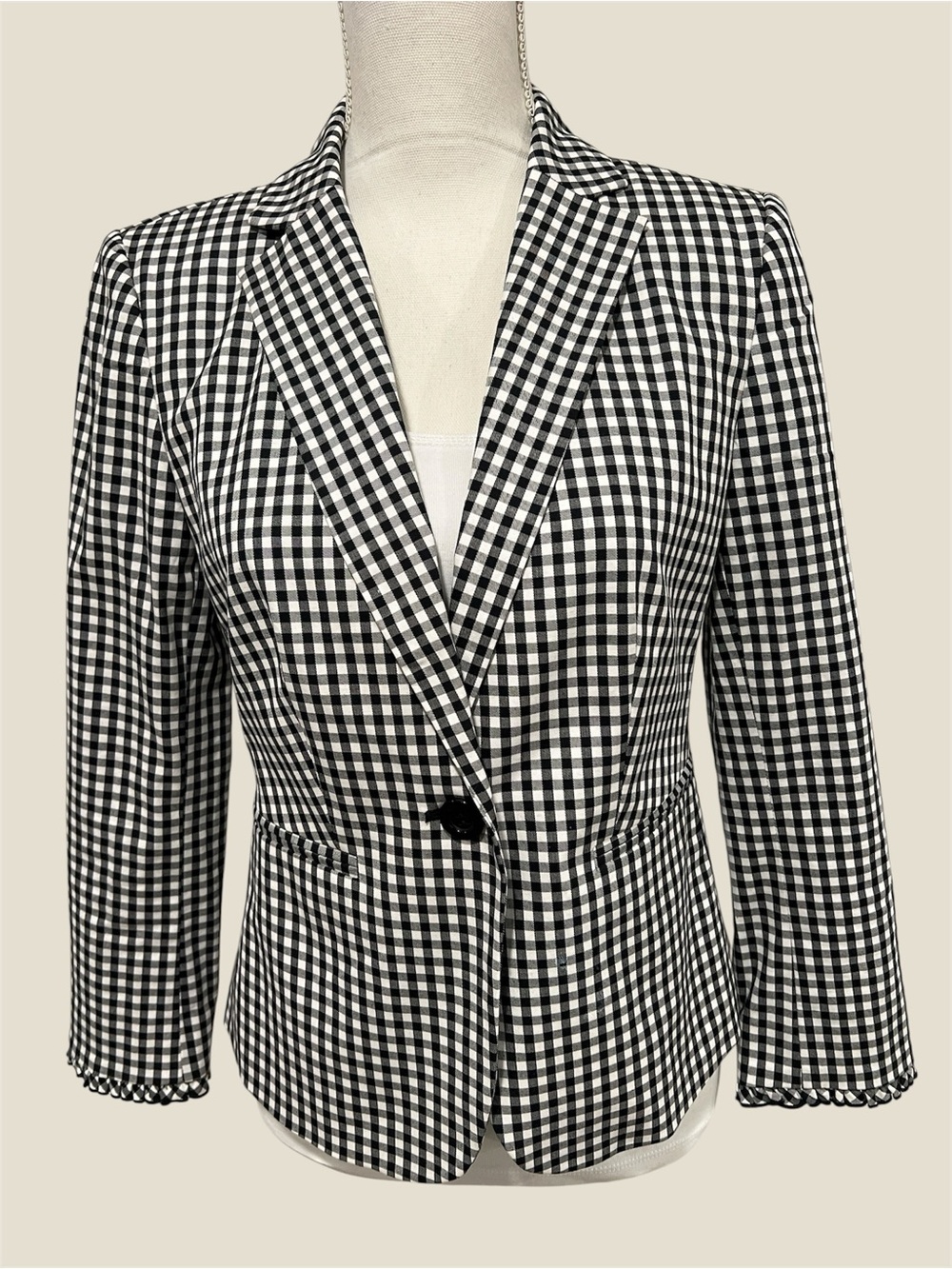 Ann Taylor Black & White Gingham Single-Button Ruffle Trim Sleeve Blazer Size 2